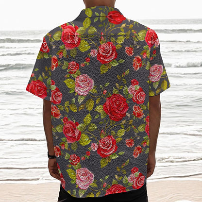 Pink Red Rose Floral Pattern Print Textured Short Sleeve Shirt