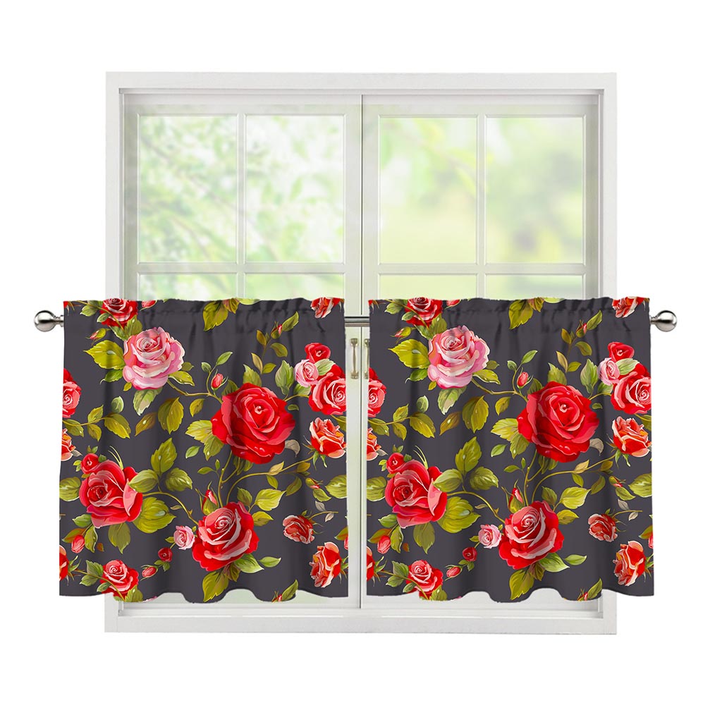 Pink Red Rose Floral Pattern Print Tier Curtains