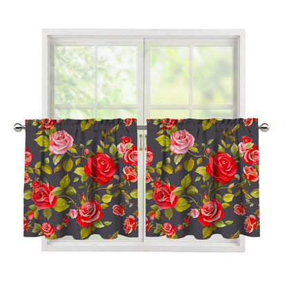 Pink Red Rose Floral Pattern Print Tier Curtains