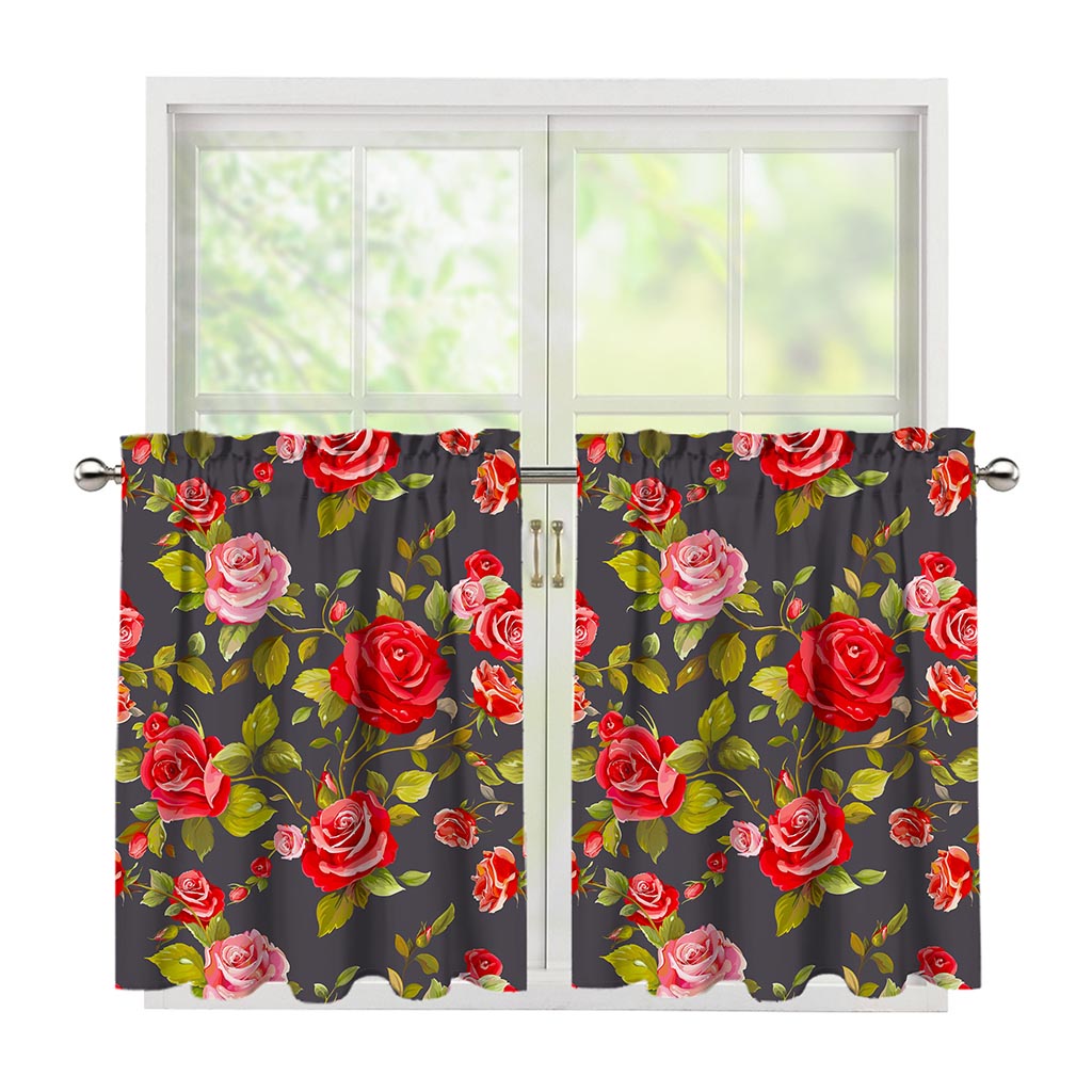 Pink Red Rose Floral Pattern Print Tier Curtains