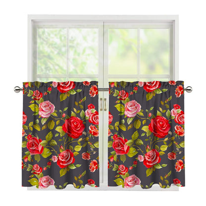 Pink Red Rose Floral Pattern Print Tier Curtains