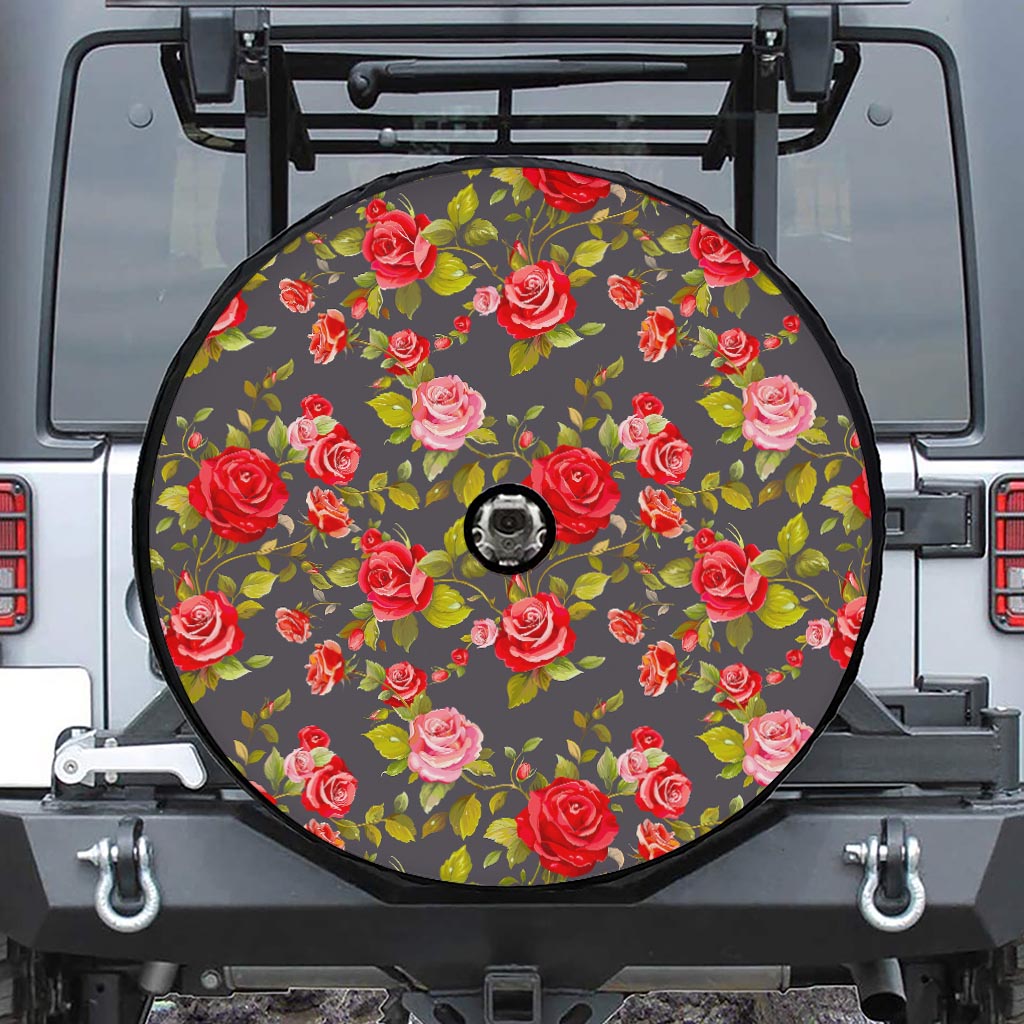 Pink Red Rose Floral Pattern Print Tire Cover With Camera Hole