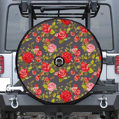 Pink Red Rose Floral Pattern Print Tire Cover With Camera Hole