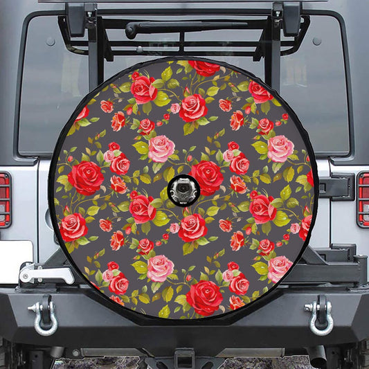 Pink Red Rose Floral Pattern Print Tire Cover With Camera Hole