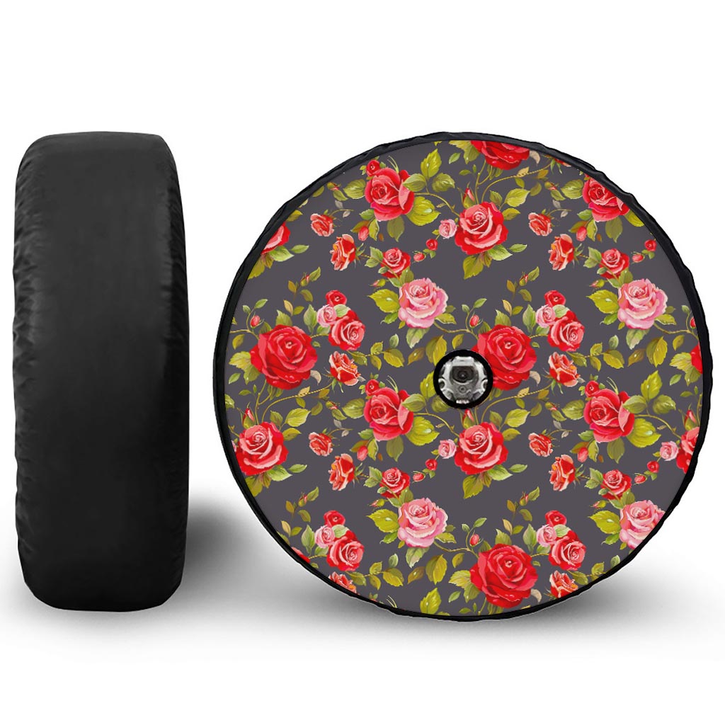 Pink Red Rose Floral Pattern Print Tire Cover With Camera Hole