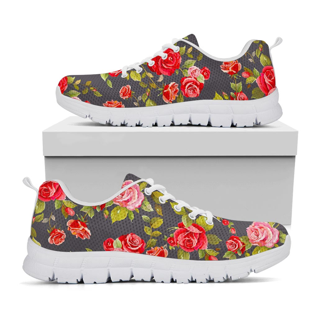 Pink Red Rose Floral Pattern Print White Running Shoes