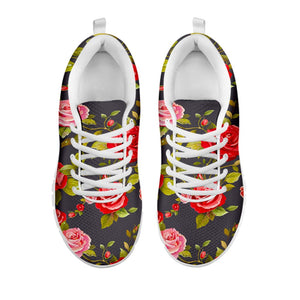 Pink Red Rose Floral Pattern Print White Running Shoes