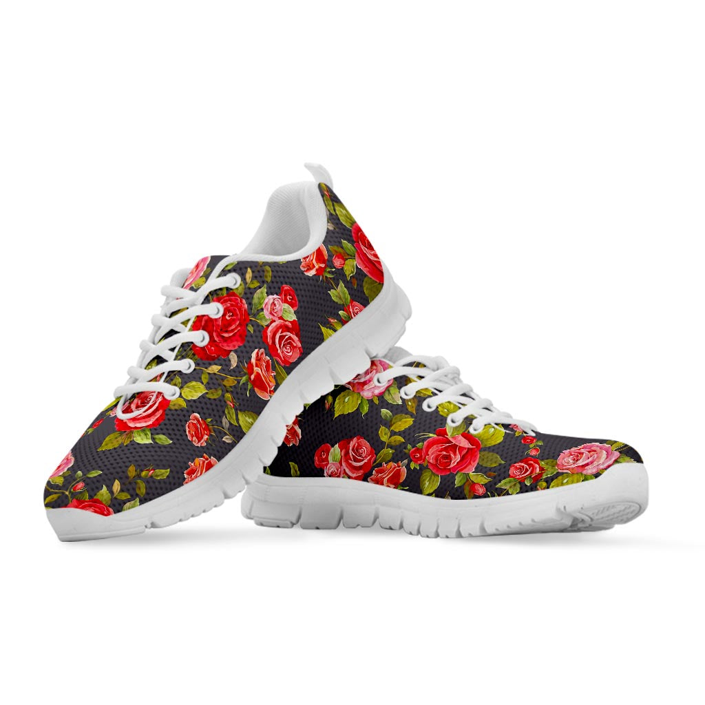 Pink Red Rose Floral Pattern Print White Running Shoes