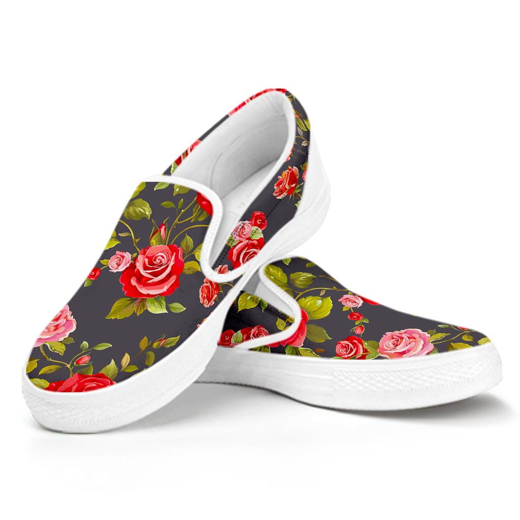 Pink Red Rose Floral Pattern Print White Slip On Sneakers