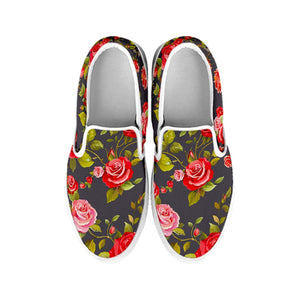 Pink Red Rose Floral Pattern Print White Slip On Sneakers