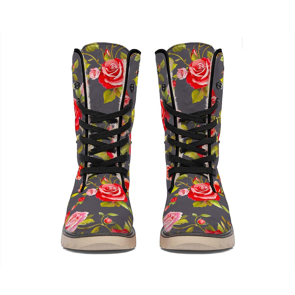 Pink Red Rose Floral Pattern Print Winter Boots