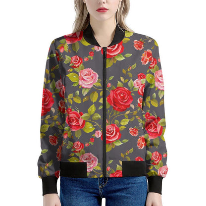 Pink Red Rose Floral Pattern Print Women's Bomber Jacket