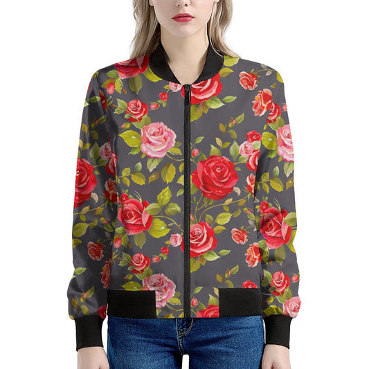 Pink Red Rose Floral Pattern Print Women's Bomber Jacket