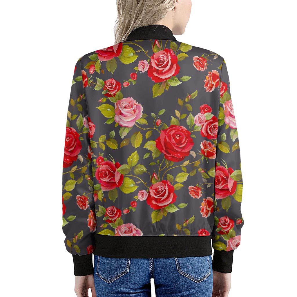 Pink Red Rose Floral Pattern Print Women's Bomber Jacket
