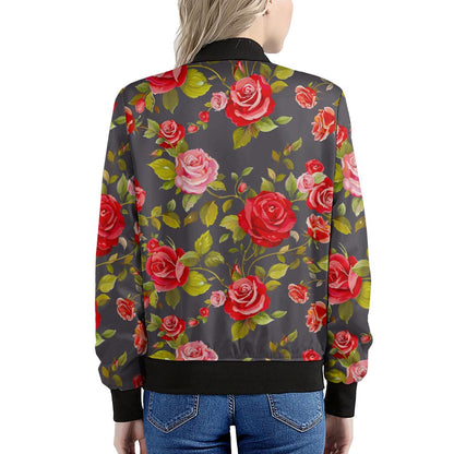 Pink Red Rose Floral Pattern Print Women's Bomber Jacket