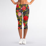 Pink Red Rose Floral Pattern Print Women's Capri Leggings
