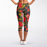 Pink Red Rose Floral Pattern Print Women's Capri Leggings