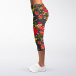 Pink Red Rose Floral Pattern Print Women's Capri Leggings