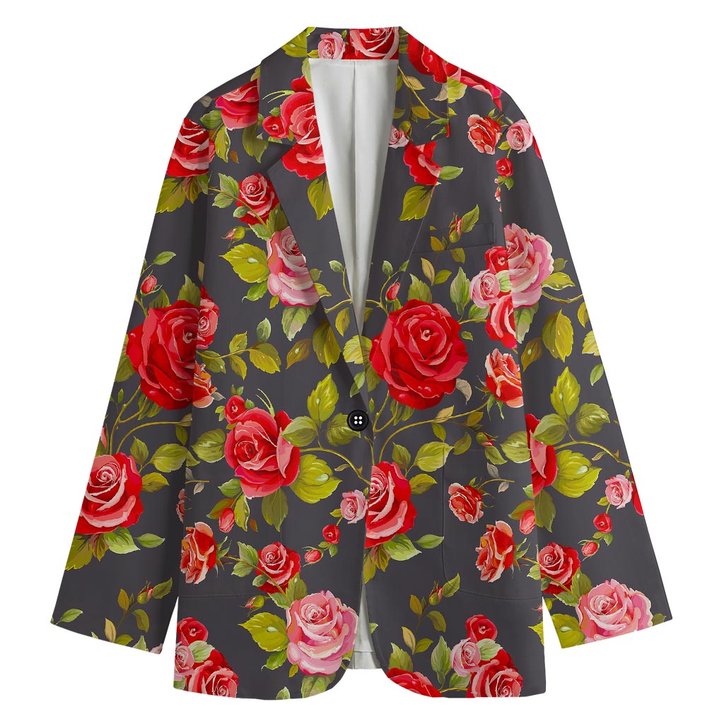 Pink Red Rose Floral Pattern Print Women's Cotton Blazer