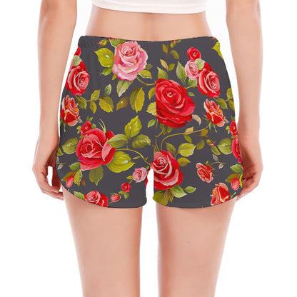 Pink Red Rose Floral Pattern Print Women's Split Running Shorts