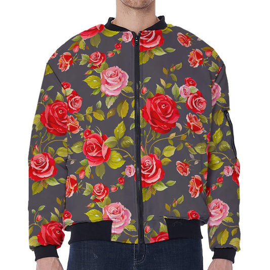 Pink Red Rose Floral Pattern Print Zip Sleeve Bomber Jacket