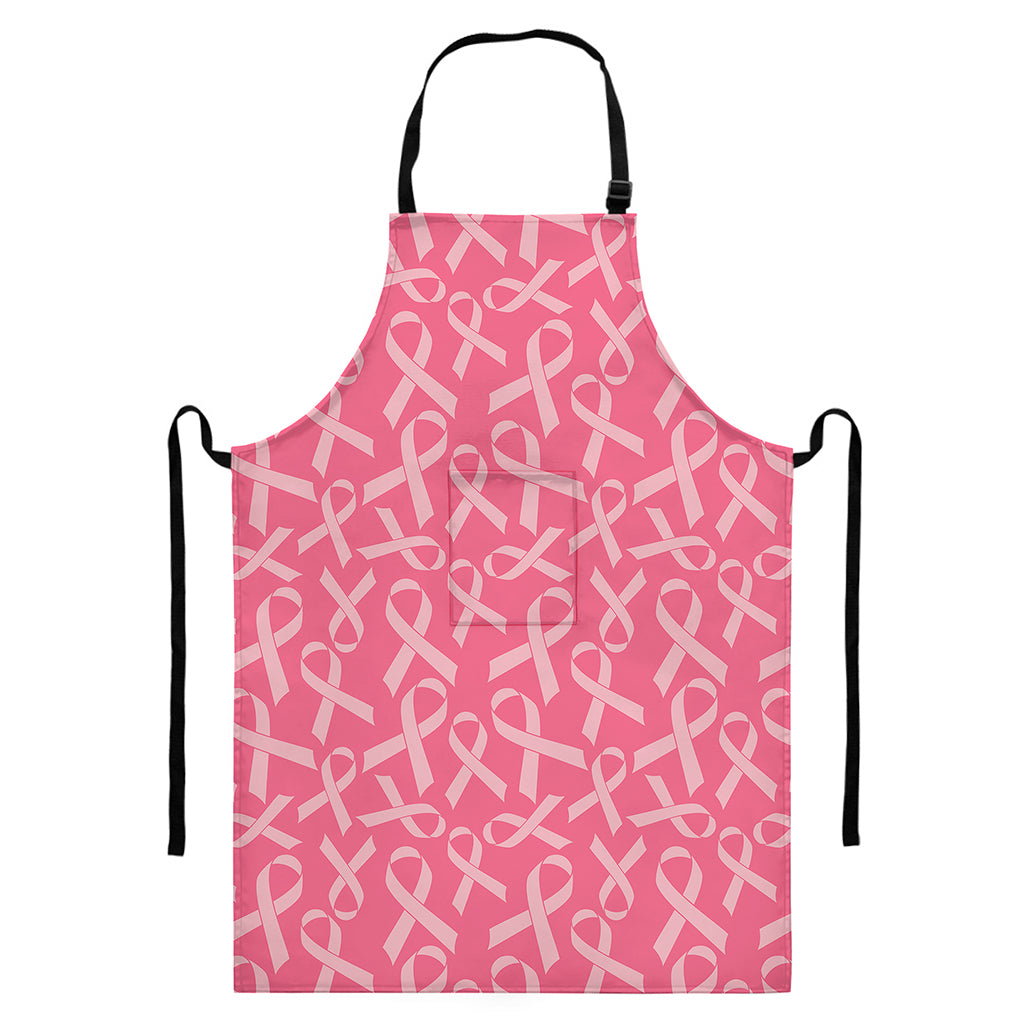 Pink Ribbon Breast Cancer Pattern Print Bib Apron With Pocket