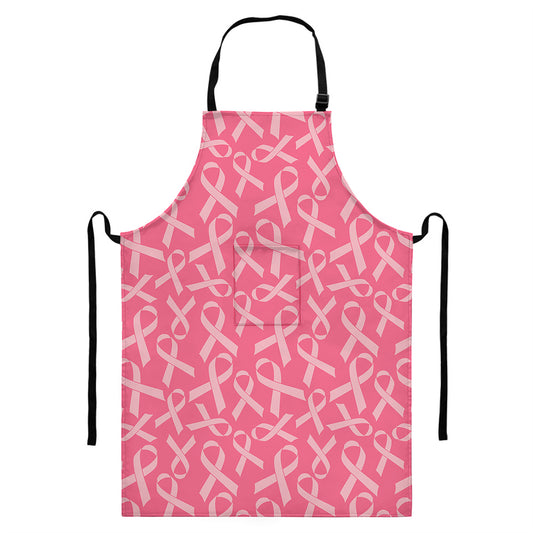 Pink Ribbon Breast Cancer Pattern Print Bib Apron With Pocket