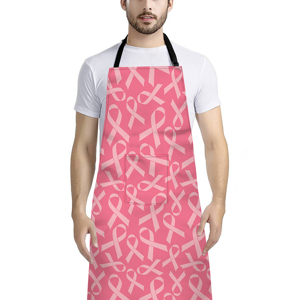 Pink Ribbon Breast Cancer Pattern Print Bib Apron With Pocket