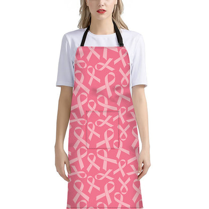 Pink Ribbon Breast Cancer Pattern Print Bib Apron With Pocket