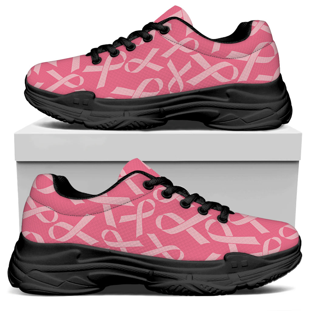 Pink Ribbon Breast Cancer Pattern Print Black Chunky Shoes