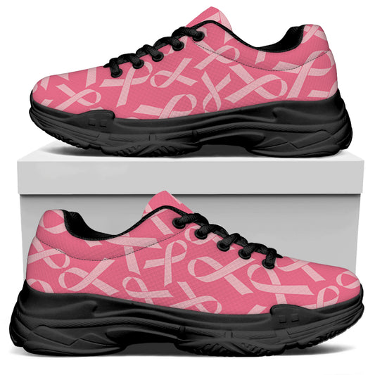 Pink Ribbon Breast Cancer Pattern Print Black Chunky Shoes