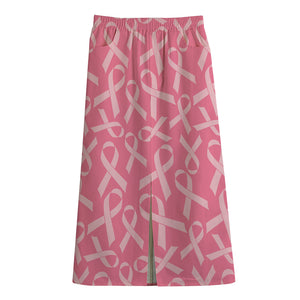 Pink Ribbon Breast Cancer Pattern Print Cotton Front Slit Maxi Skirt