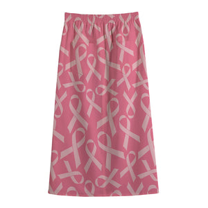 Pink Ribbon Breast Cancer Pattern Print Cotton Front Slit Maxi Skirt