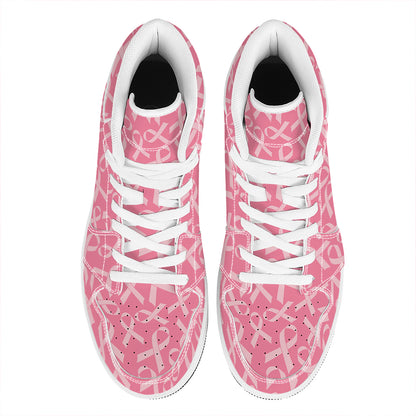 Pink Ribbon Breast Cancer Pattern Print High Top Leather Sneakers