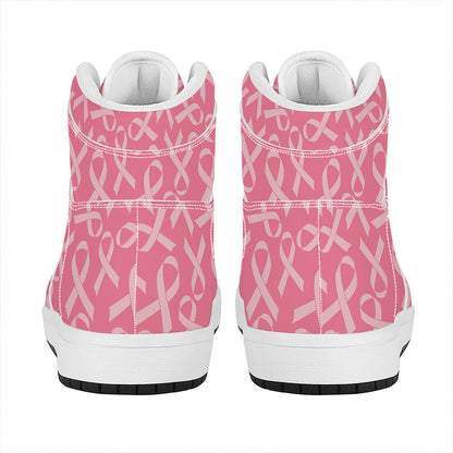 Pink Ribbon Breast Cancer Pattern Print High Top Leather Sneakers