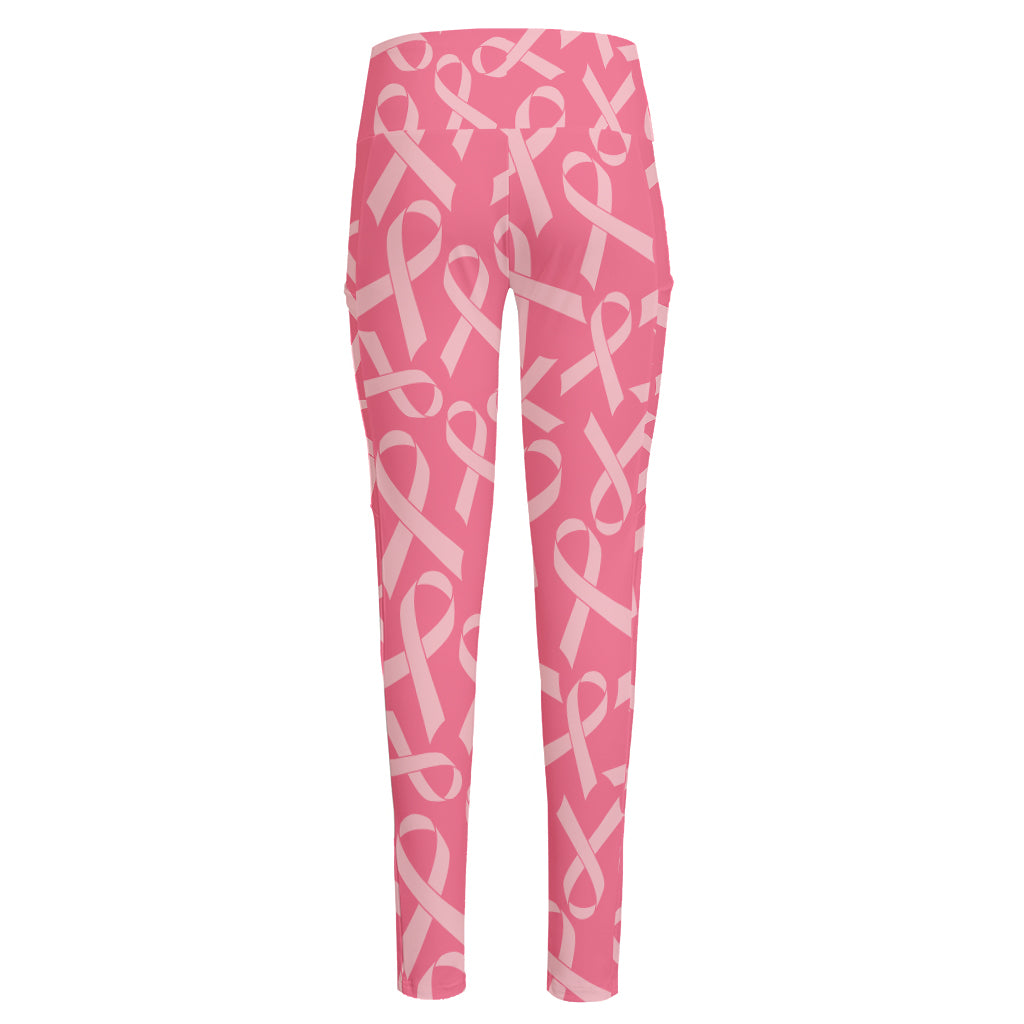 Pink Ribbon Breast Cancer Pattern Print High-Waisted Pocket Leggings