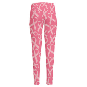 Pink Ribbon Breast Cancer Pattern Print High-Waisted Pocket Leggings