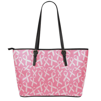 Pink Ribbon Breast Cancer Pattern Print Leather Tote Bag