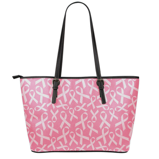 Pink Ribbon Breast Cancer Pattern Print Leather Tote Bag