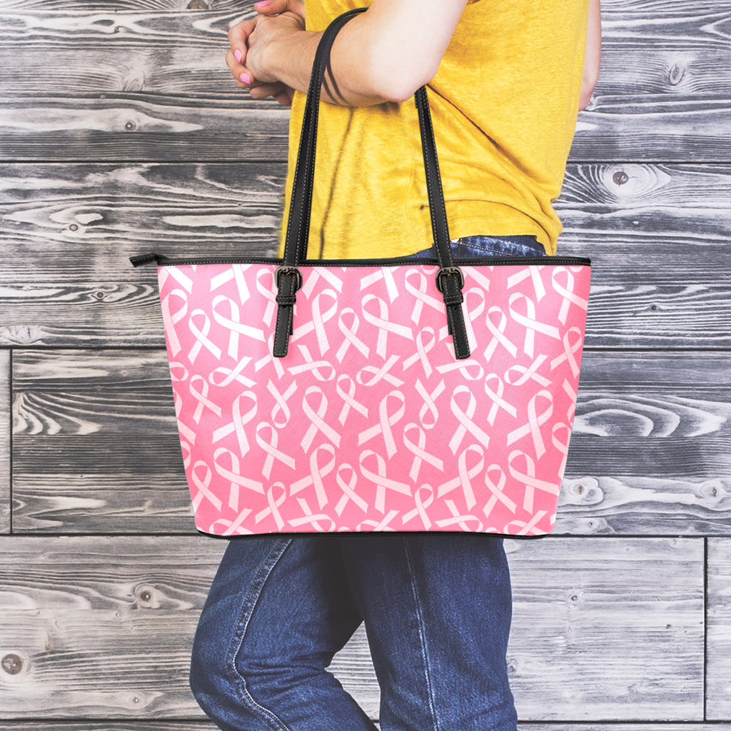 Pink Ribbon Breast Cancer Pattern Print Leather Tote Bag