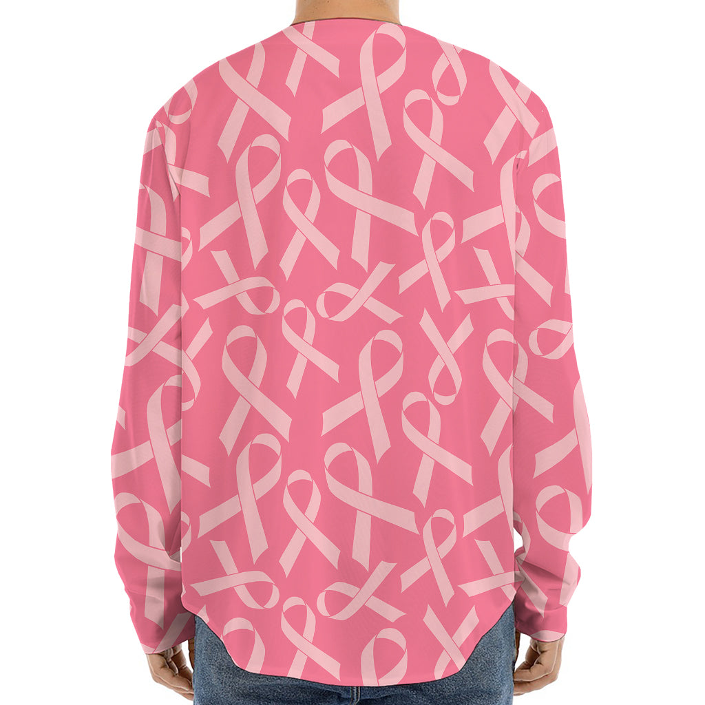 Pink Ribbon Breast Cancer Pattern Print Long Sleeve Baseball Jersey