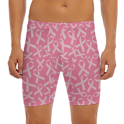 Pink Ribbon Breast Cancer Pattern Print Men's Long Boxer Briefs