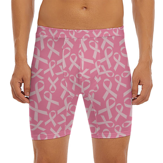 Pink Ribbon Breast Cancer Pattern Print Men's Long Boxer Briefs