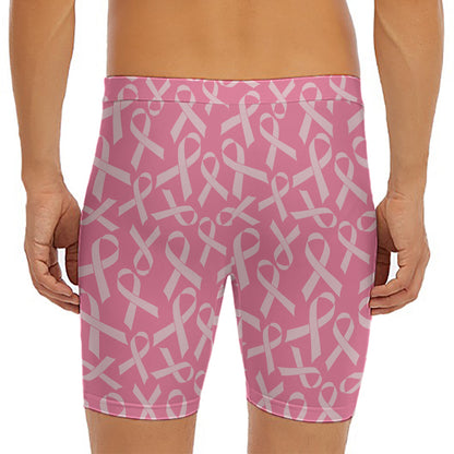 Pink Ribbon Breast Cancer Pattern Print Men's Long Boxer Briefs