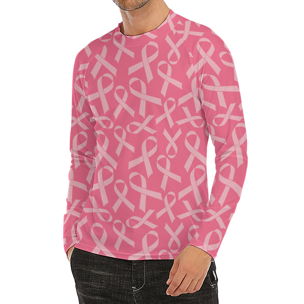 Pink Ribbon Breast Cancer Pattern Print Men's Long Sleeve Rash Guard