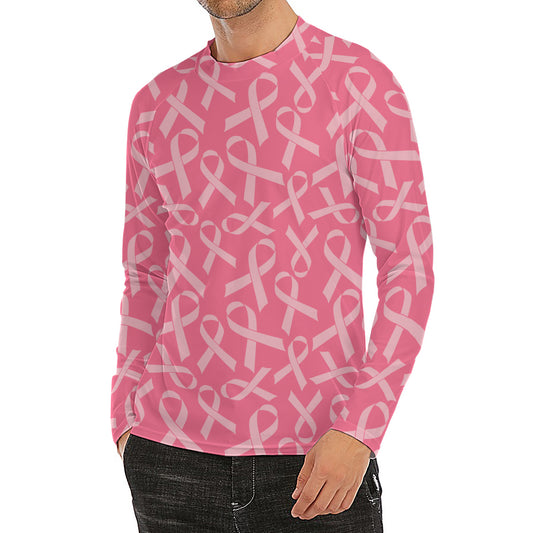 Pink Ribbon Breast Cancer Pattern Print Men's Long Sleeve Rash Guard