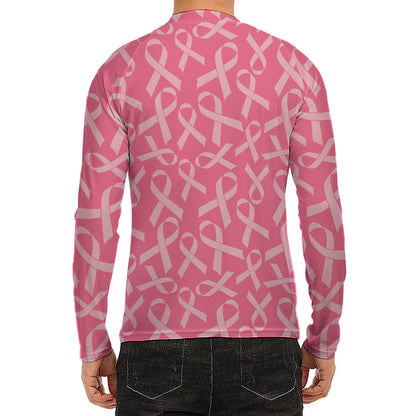 Pink Ribbon Breast Cancer Pattern Print Men's Long Sleeve Rash Guard
