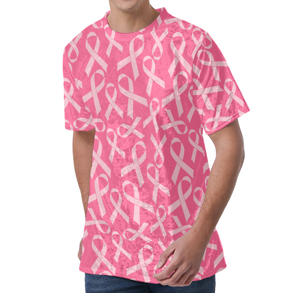 Pink Ribbon Breast Cancer Pattern Print Men's Velvet T-Shirt