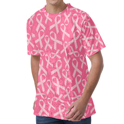 Pink Ribbon Breast Cancer Pattern Print Men's Velvet T-Shirt