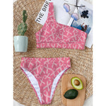 Pink Ribbon Breast Cancer Pattern Print One Shoulder Bikini Top